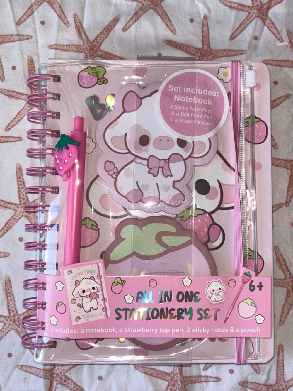 Pink Notebook & Stationery Set with Pencil pouch, ballpoint pen, and sticky pads